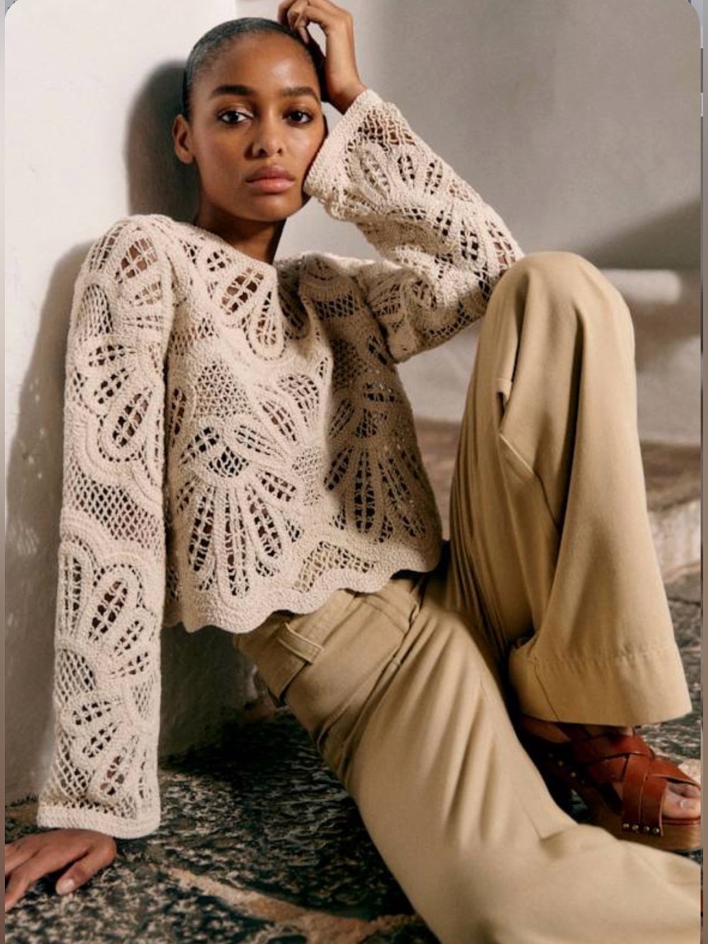 Sézane OLIE BLOUSE Ecru Cream Crochet Knit top blouse sweater